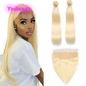 2 Bundles With 13X4 Lace Frontal Free Part Brazilian 100% Human Hair Extesions 3 PCS/lot Blonde 613# Color Straight Body Wave