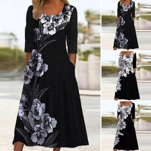 Casual Dresses Women Printed Maxi Dress Round Neck Elegant Floral Long Sleeve For Mid-midjestulla