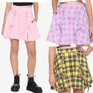 Röcke Export USA Street Punk Rock Schnürung A-Linie JK College Sexy Mine Elastic Taille Pink Plaid Rock