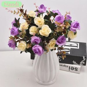 Decorative Flowers 12 Head Rose Artificial Fake Two Color With Stems Bouquet For Home Wedding Party Decoration