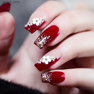 False Nails 3D Flower Decor False Nails Full Färdig bärbar press på naglar Bow Design French Ballet Coffin Artificial False Nail Tips Y240419