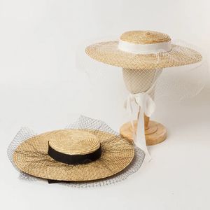 Childrens mesh webbing decoration shallow flat top straw hat with sunshade and sunscreen concave shape 240415
