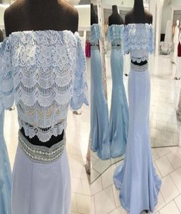 2022 Light Sky Blue Boho Prom Evening Dresses Off the Shoulder Two Pieces Mermaid Satin Lace Crystal Sequined Pärled Long Cheap Fo2761193