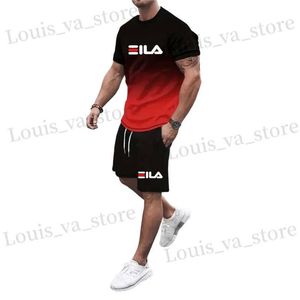 Men's Tracksuits Summer mens gradient fashion T-shirt+shorts casual sportswear set quick drying sportswear short slved 2-piece set T240419