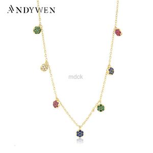 Pendanthalsband Andywen 925 Sterling Silver Gold Colorful Zircon Crystal Round Flower Charms Pendant Choker Halsband Långkedja Kvinnor Fina juvel 240419