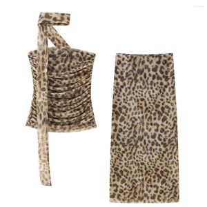 Work Dresses Women Fashion 2 Piece Set Tulle Leopard Pleated Tops & Vintage High Waist Midi Skirt Female Chic Lady Skirts