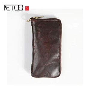 Wallets Aetoo Long Leather Wallet Made of Handmade Vegetable Tanning, Long Wallet for Men, Leather Pleated Pure Copper Zipper Wallet