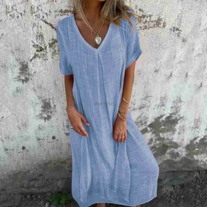 Basic Casual Dresses Cotton Linen Short Sleeve Loose Dress 2024 Summer Womens V-neck High Waist Long Dress Vintage Solid Color Straight Beach Dress 240419