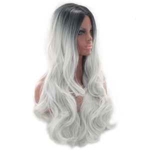 Mänskliga lockiga peruker Fashion Animation Wig Color Highlights Black Grey Gradient Harajuku peruk cos kvinnligt långt lockigt hår