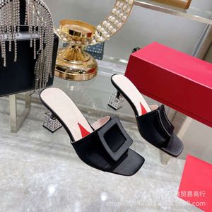 Slippers Summer Style Square Head Rhinestone Heel One-sided Open Toe Buckle Simple Low Thin High-heeled Women