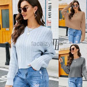 Women's Sweaters round neck twisted short knit sweater with loose and versatile solid color pullover fashion T Shirt tops