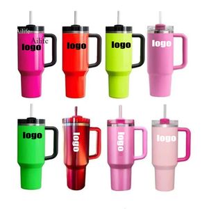 US Stock 1:1 LOGO Cosmo PINK Flamingo Water Bottles 40oz Tye Dye Quencher H2.0 Coffee Target Red Mugs Pink Parade Cups outdoor Tumblers Silicone handle Gift GG0419