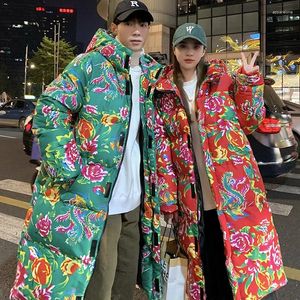 Trench de trincheira masculina estilo chinês hanfu casal roupas de algodão comprido larga flor larga solta quente e à prova de frio Cotto festivo