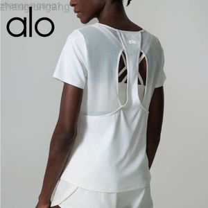 Desginer Alooo Yoga Aloe Shirt Clothe女性特大のスポーツレディースルーズフィッティングクイック乾燥フィットネス短袖Tシャツ美しいバックパッチワークスーツトップ