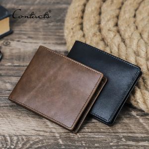 Plånböcker Kontaktens äkta läder Men plånbok samll bifold design casual tunna smala plånböcker korthållare vintage manlig handväska pengar klipp