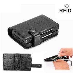 Innehavare 2022 PU LEATHER dubbelmetall -ID -kreditkortshållare med RFID Vintage Card Case Automatic Money CLIP MINI PALLET TARJETERO