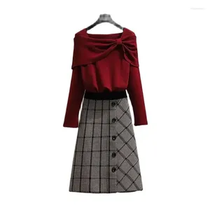 Work Dresses Autumn Winter Mid-Long Skirt Suit Women 2024 Pure Colour Sweater Plaid Two-Piece Suits Fashion Knitwear Sets Female