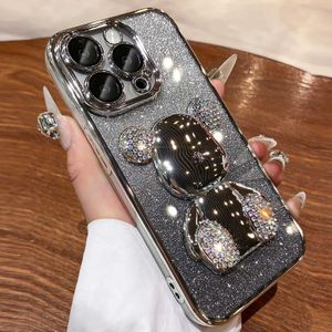 Cell Phone Cases Luxury 3D Diamond Sparkling Crystal Bear Gradient Galvanized Phone Case Suitable for iPhone 13 14 15 Pro Max Yellow Capa Gift Box J240418