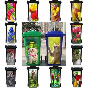 Funny Cat Large Trash Can Sticker Outdoor Dustbin Decoration Wallpaper Selfadhesive PVC Floral Decal Rubbish Bin Flower 240418