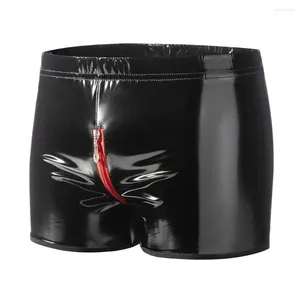 Underpants sexy Männer Faux Leder Boxershorts Reißverschluss Offener Schritt Short Pant Hosen Bühne Performance Kostüm Boxer Trunks Unterwäsche