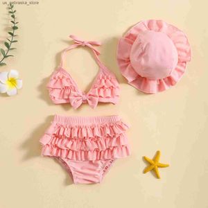 Endelar Ewodos Summer Swimsuit för småbarn och flickor Bikini Set Cute Baby Suspender Neck Top+skiktade veckade shorts+hatt baddräkt Set Q240418