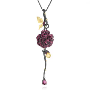 Correntes Colar delicado Rhodolite Garnet Lab criou Ruby Pinging Silver Flower Women