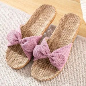 Slippers Women's Summer One Word Linen Flat Sole Soft Non Slip Breathable Bow Light Home Casual