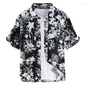メンズカジュアルシャツ夏スタイルの黒と白のプリントリネンシャツ半袖シノワーズユース