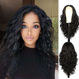 Wigs curiosos humanos em forma de renda em forma de t faixa de cabeça Yaki Black Split Long Curly Wig Head Band