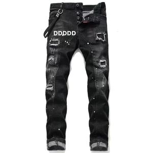 Dunkelblaue Jeans Super Skinny Jeans Mann Pant Fashion Herren Streetwear Jeans Streetwear Loch Buchstaben Top -Qualitätsmarke Schwarze digitale gedruckte Hose für Mann Jeans Hosen