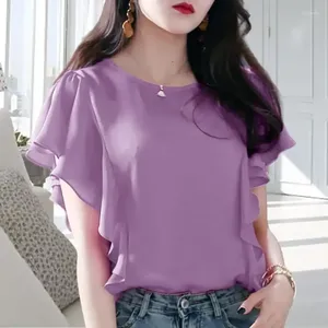 Women's Blouses Purple Blouse Women Short Sleeve Ruffle Tops Korean Style Fashion Loose Plus Size Shirt