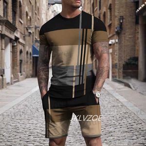 Herrspårar Summer T-shirt Set för män randig 3D-tryck Mens T-shirt kort slve+shorts 2-stycken Set Overdimased Casual Beach Sport Man Suit T240419