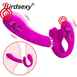 Erotisches sexy Spielzeug trägerloser Strapon Dildo Vibrator Lesbian Gaste-On Penis Pegging Doppelende Erwachsene für Frauen