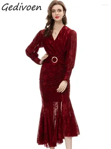 Sıradan Elbiseler Gidivoen Sonbahar Moda Tasarımcısı Şarap Kırmızı Vintage Denizkızı Elbise Kadın V Boyun O Ring Ruffles Paket Paketi İnce Uzun