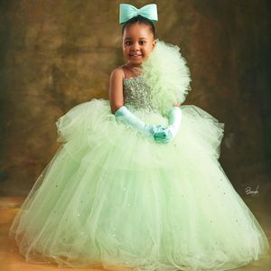2024 Green Little Girls Birthday Dress Flower Girl Dress Communion Gowns Sheer Neck Rhinestones Decorated Princess Queen Birthday Party Dress for Little Girl F129