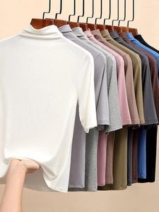 Kvinnors T-skjortor Halv Turtleneck mjölk Silk Toppar Kvinnor Kort ärm Slim T-shirt Solid Color Basic Trend Bottom Shirt High Street Blus