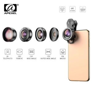 Telescópios Apexel 5in1 Kit de caseclip de lentes de telefone celular HD Fisheye Lens de macro -telescópio 4K Angle 4K para iPhone Samsung e todo o smartphone