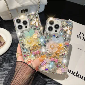 İPhone için Lüks Çiçek Cep Telefonu Kılıfları 14plus 14prus 14promax 15pro 15 12 Pro 11 Açık Glitter Ren Taş Kılıf Bling Shiney Cover iPhone 13promax 13pro