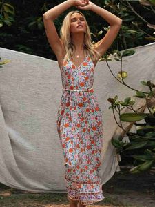 Grundläggande avslappnade klänningar 2022 Summer Boho Casual Floral Printed Strap Midi Dress Sleeveless Backless Sexig Vintage Cami Vestidos Beach Women Slip Dresses 240419