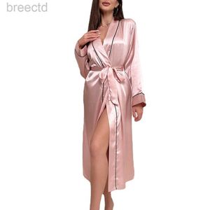 Women's Sleep Lounge Pink Women Kimono Robes i full längd Silk Satin Bathrobe Mid-Calf Lätt mjuk sömnkläder V-Neck Casual Ladies LoungeWear S-XL D240419
