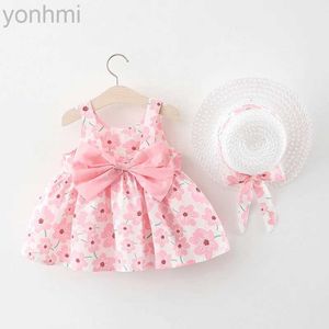 Girl's Dresses 2Pcs Summer Girls New Dress Sweet Sleeveless Small Flower Print Big Bow Cotton Cloth Skirt Suitable for 0-3 Years Old d240419