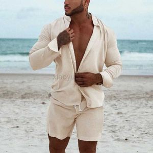 Men's Shorts Men Hawaiian Sets Beach 2022 Summer Long Sleeve Stand Collar Shirt Board Shorts 2 Pieces Streetwear Cotton Linen Men Sets 240419 240419