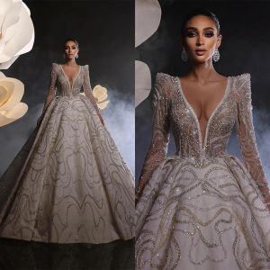 Gorgeous Sequins Ball Gown Wedding Dresses Deep V Neck Appliques Lace Custom Made Long Sleeves Sweep Train Bride