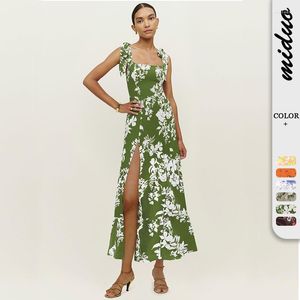 Casual Dresses . Summer Sexy Sleeveless Split Dress Fashion Floral Lace-up Tube Top Mid-Length Skirt