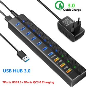 Hubs USB3.0 hub de alta velocidade Extensão USB Splitter com adaptador de energia Support QC 3.0 mais rápido USB Charging Laptop PC Acessórios