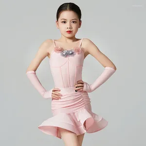Bühne Wear Girls Pink Ärmeln lateinische Tanzwettbewerb Kleid Kleid Kinder Samba Rumba Ballroom Performance Kleidung XS7884