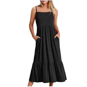 Lässige Kleider Damen sexy Feste Farbe Mode plissierte große Saum lose ärmellose Taschenkleid Vestidos Verano Moda 2024 Ropa de Mujer