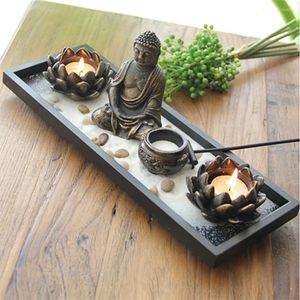 Dekorative Figuren Buddha Kerzenlestick Set südostasiatische religiöse Ornamente Sand Tisch Weihrauch Brenner Aroma Kerzenhalter Möbel