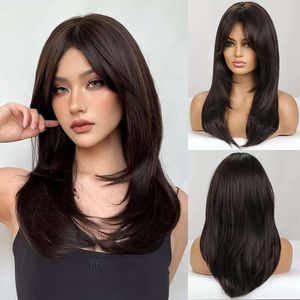 human curly wigs New wig for womens fashionable synthetic fiber headband dark brown herringbone bangs long straight hair