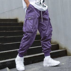 Mode män last byxor herr byxor hip hop joggers fickor lila män streetwear svettbyxor koreanska fotledslängd byxor 240409